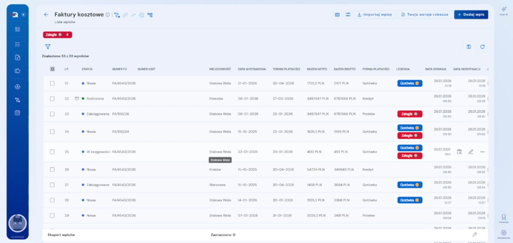 Faktury kosztowe - lista wpisów